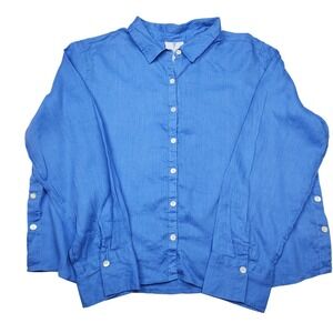 Calypso St. Barth XL Blue Linen Button Down Shirt Blouse Resort Quiet Luxury